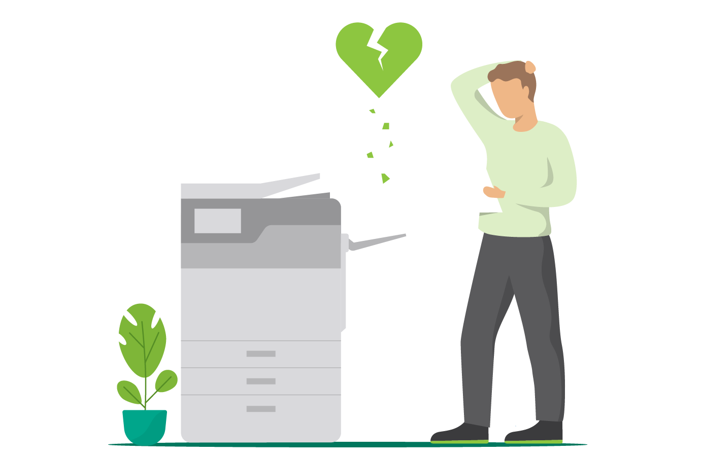 Printing guy at printer with broken heart